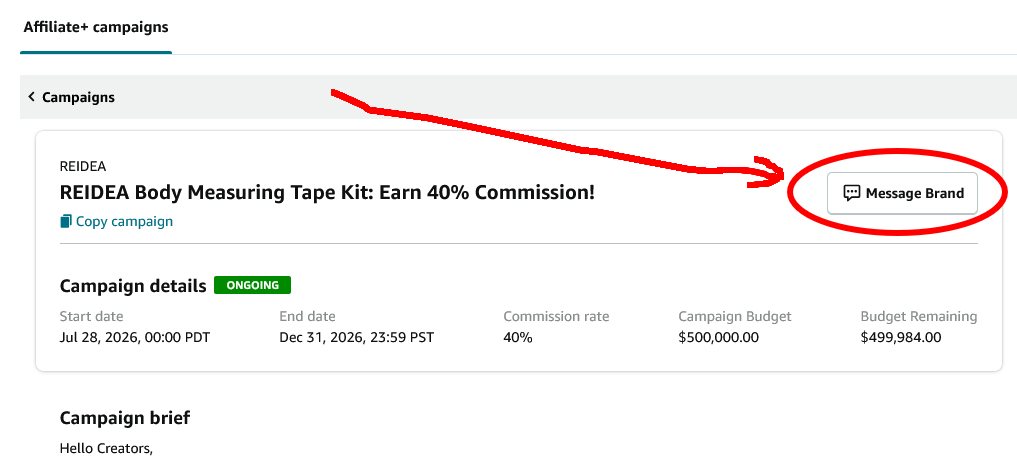Amazon Creator Connections Message Brand button